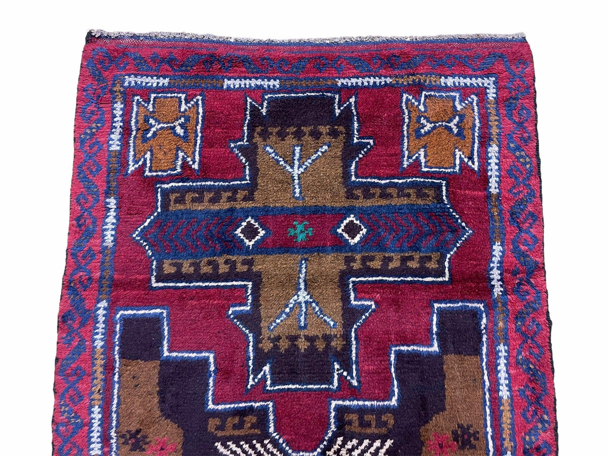 2' 10" X 4' 9" Vintage Handmade Tribal Wool Rug Balouchi Rug Afghan Rug Red Blue