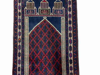 3x5 Vintage Handmade Tribal Wool Rug Balouchi Prayer Rug Afghan Rug Red Blue Wow - Nuvé