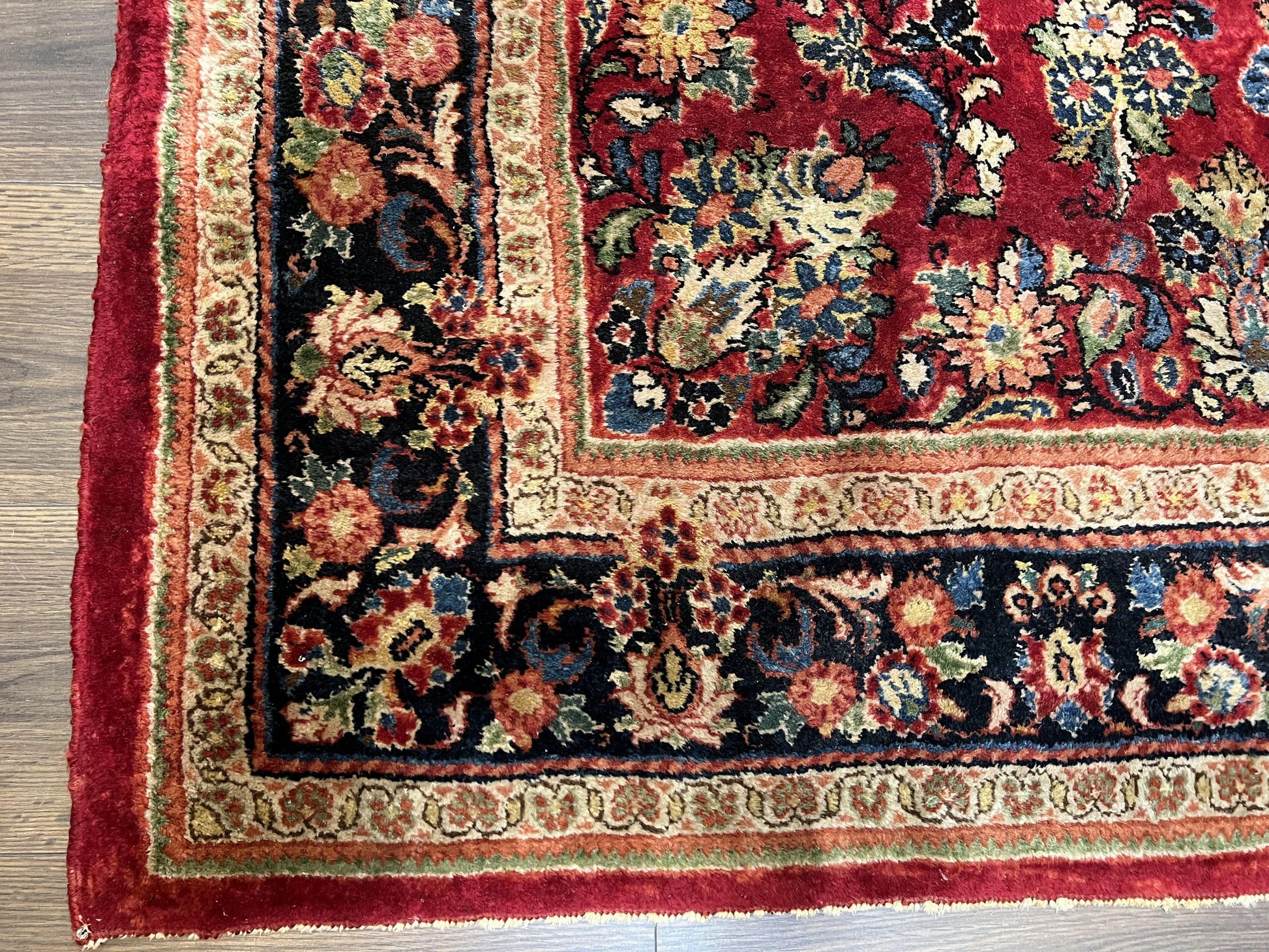 Rare Persian Almost Square Rug 6.3 x 5.3, Hand Knotted Wool Antique 1920s Sarouk Oriental Carpet, Red Navy Blue Beige, Floral Allover, 5x6 Area Rug - Nuvé