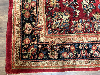 Rare Persian Almost Square Rug 6.3 x 5.3, Hand Knotted Wool Antique 1920s Sarouk Oriental Carpet, Red Navy Blue Beige, Floral Allover, 5x6 Area Rug - Nuvé