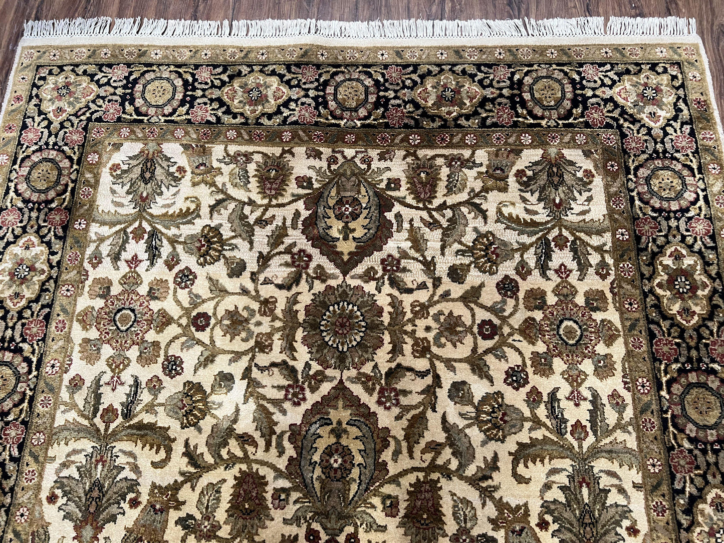 Indo Mahal Rug 6x9, Indian Floral Carpet 6 x 9, Beige and Black, Allover Design, Living Room Rug, Bedroom Rug, Traditional Rug, Vintage Rug - Nuvé