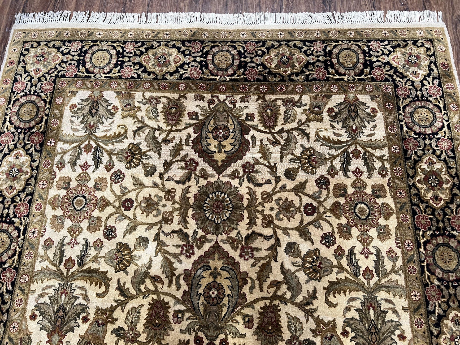Indo Mahal Rug 6x9, Indian Floral Carpet 6 x 9, Beige and Black, Allover Design, Living Room Rug, Bedroom Rug, Traditional Rug, Vintage Rug - Nuvé