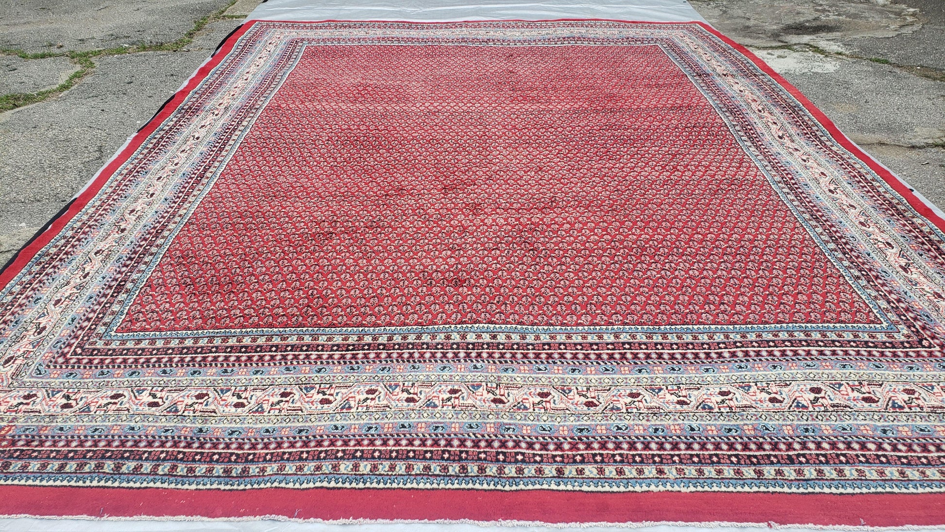 Persian Sarouk Mir Pattern, Red and Beige, Hand-Knotted, Wool, Paisley Boteh Design, 9'9" x 13', Semi Antique - Nuvé