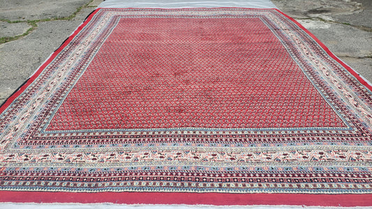 Persian Sarouk Mir Pattern, Red and Beige, Hand-Knotted, Wool, Paisley Boteh Design, 9'9" x 13', Semi Antique - Nuvé