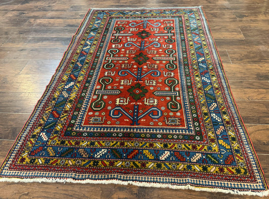Colorful Persian Ardabil Rug 4x7, Red Blue Gold, Geometric Caucasian Design, Vintage - Nuvé