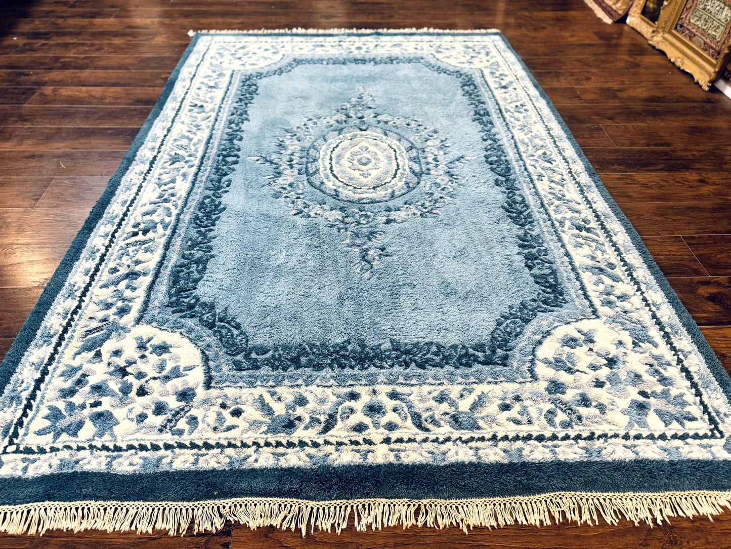 Indo Chinese Aubusson Rug 6x9, Light Blue and Ivory, Handmade Vintage Wool Carpet - Nuvé