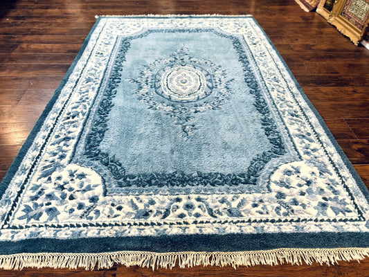 Indo Chinese Aubusson Rug 6x9, Light Blue and Ivory, Handmade Vintage Wool Carpet - Nuvé