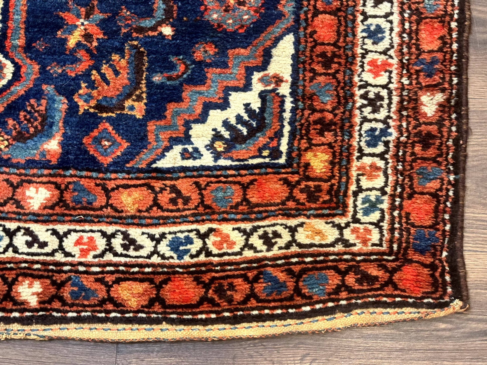 Antique Persian Hamadan Rug 4x6, Geometric, Double Medallions, Navy Blue, Tribal Carpet - Nuvé