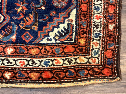Antique Persian Hamadan Rug 4x6, Geometric, Double Medallions, Navy Blue, Tribal Carpet - Nuvé