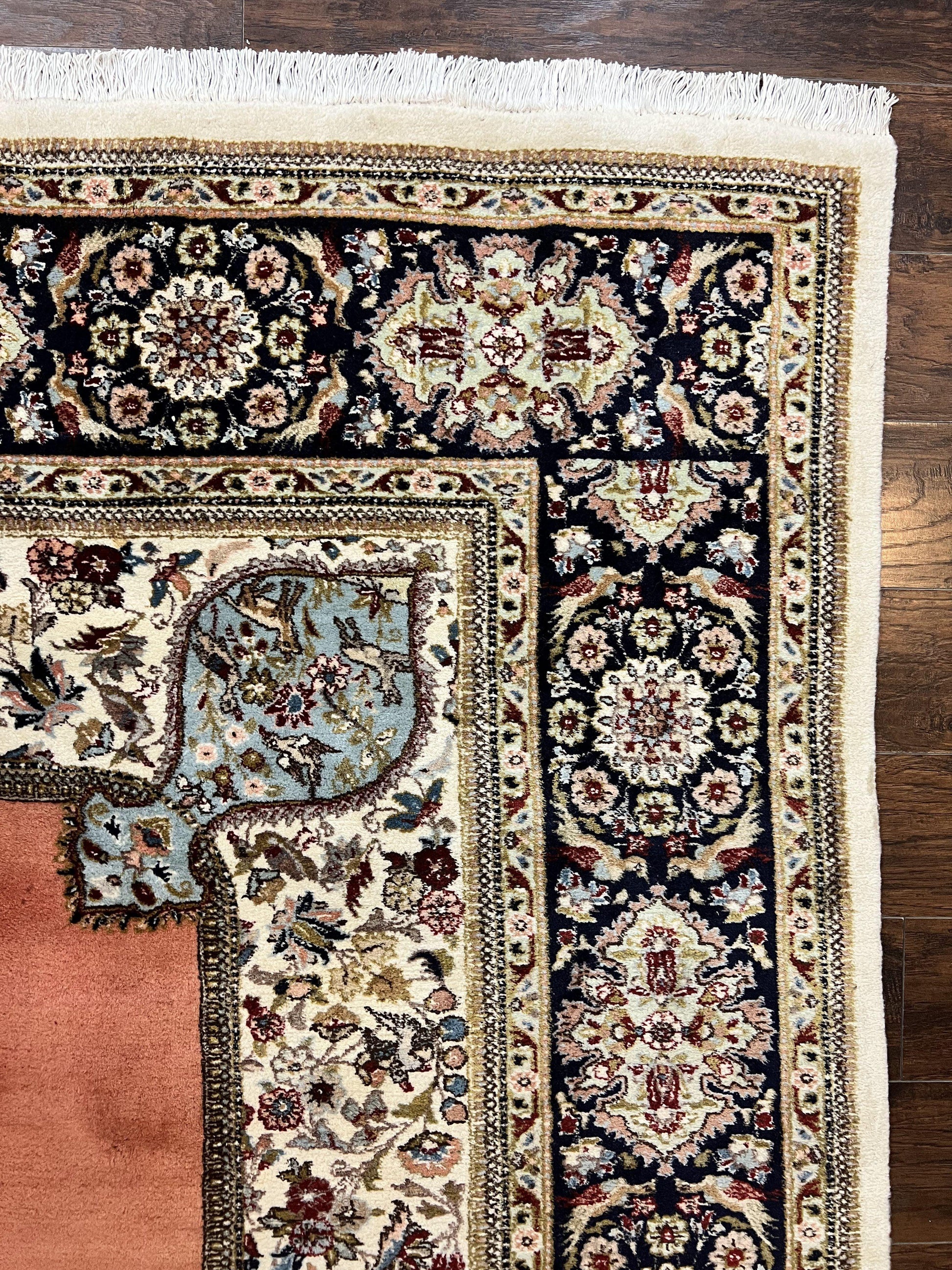 Persian Tabriz Rug 10x13, Wool Hand Knotted Vintage Carpet, Salmon Red & Ivory, Semi Open Field, Birds & Animal Motifs, Large Rug - Nuvé