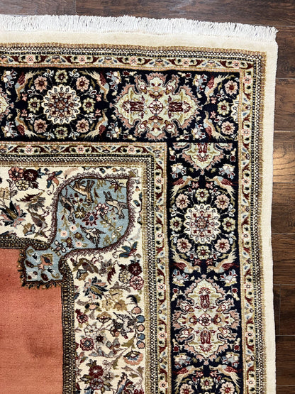Persian Tabriz Rug 10x13, Wool Hand Knotted Vintage Carpet, Salmon Red & Ivory, Semi Open Field, Birds & Animal Motifs, Large Rug - Nuvé