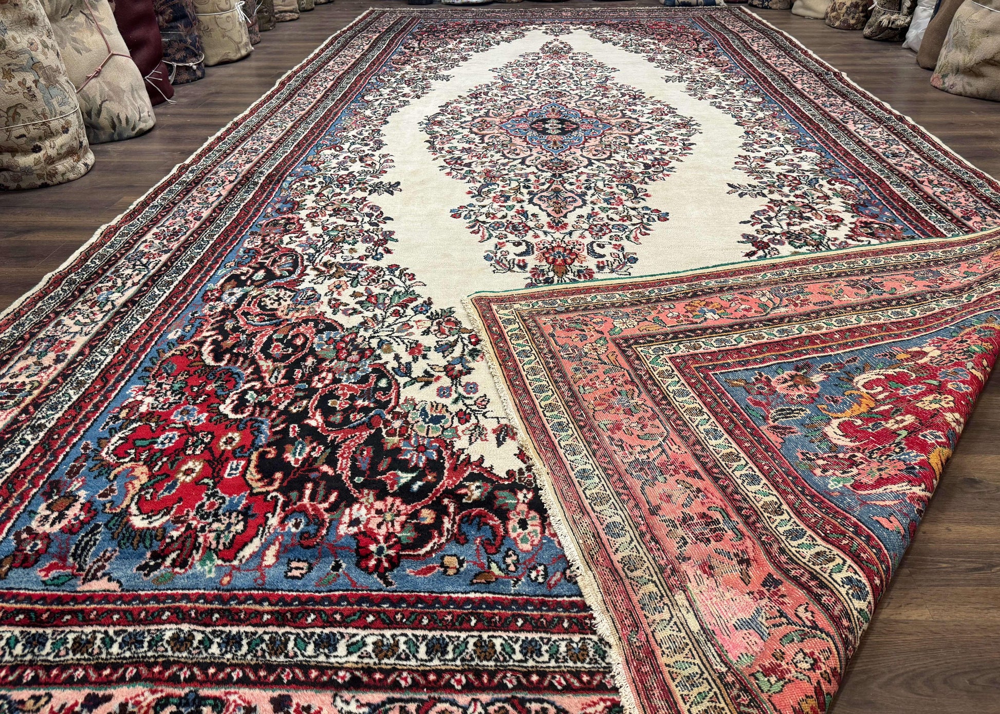 Palace Size Persian Rug 10 x 21 ft, Antique Hamadan Bibikabad Carpet, Handmade Antique Wool Oversized Rug, Ivory, Semi Open Field - Nuvé
