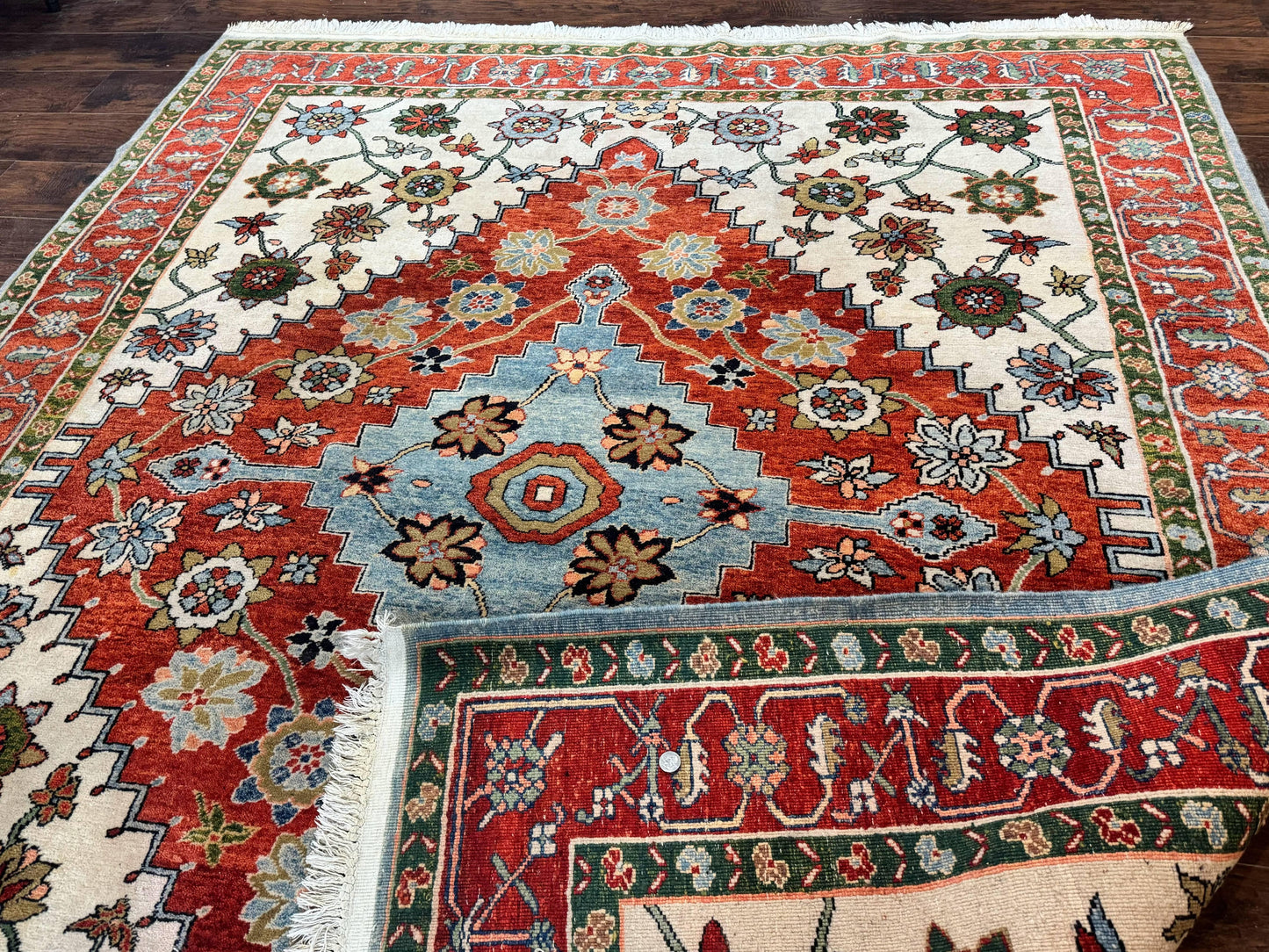 Indo Persian Heriz Rug 7x9, Geometric Pattern, Cream & Light Red, Handmade Vintage Wool Carpet - Nuvé