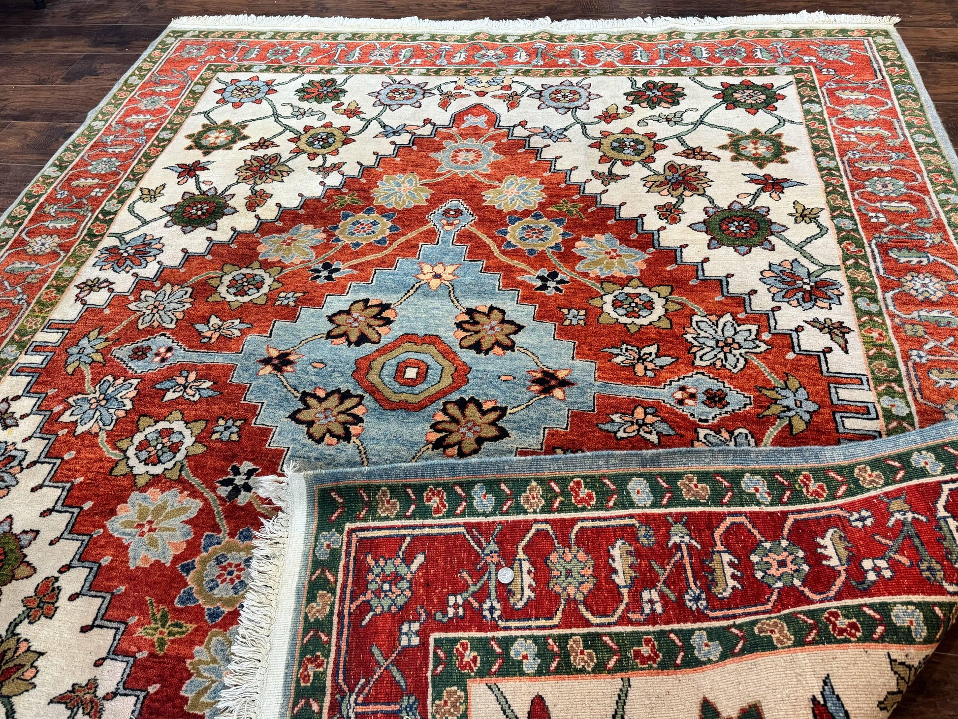 Indo Persian Heriz Rug 7x9, Geometric Pattern, Cream & Light Red, Handmade Vintage Wool Carpet - Nuvé