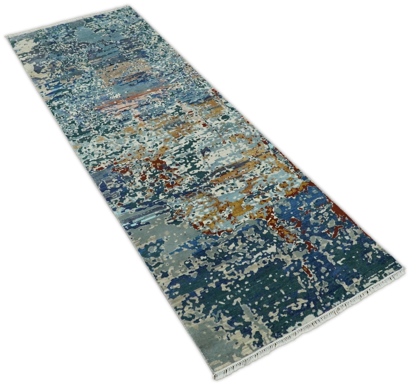 2.6x10 Fine Hand Knotted Blue Modern Abstract Wool and Silk Runner Area Rug | AGR12 - Nuvé