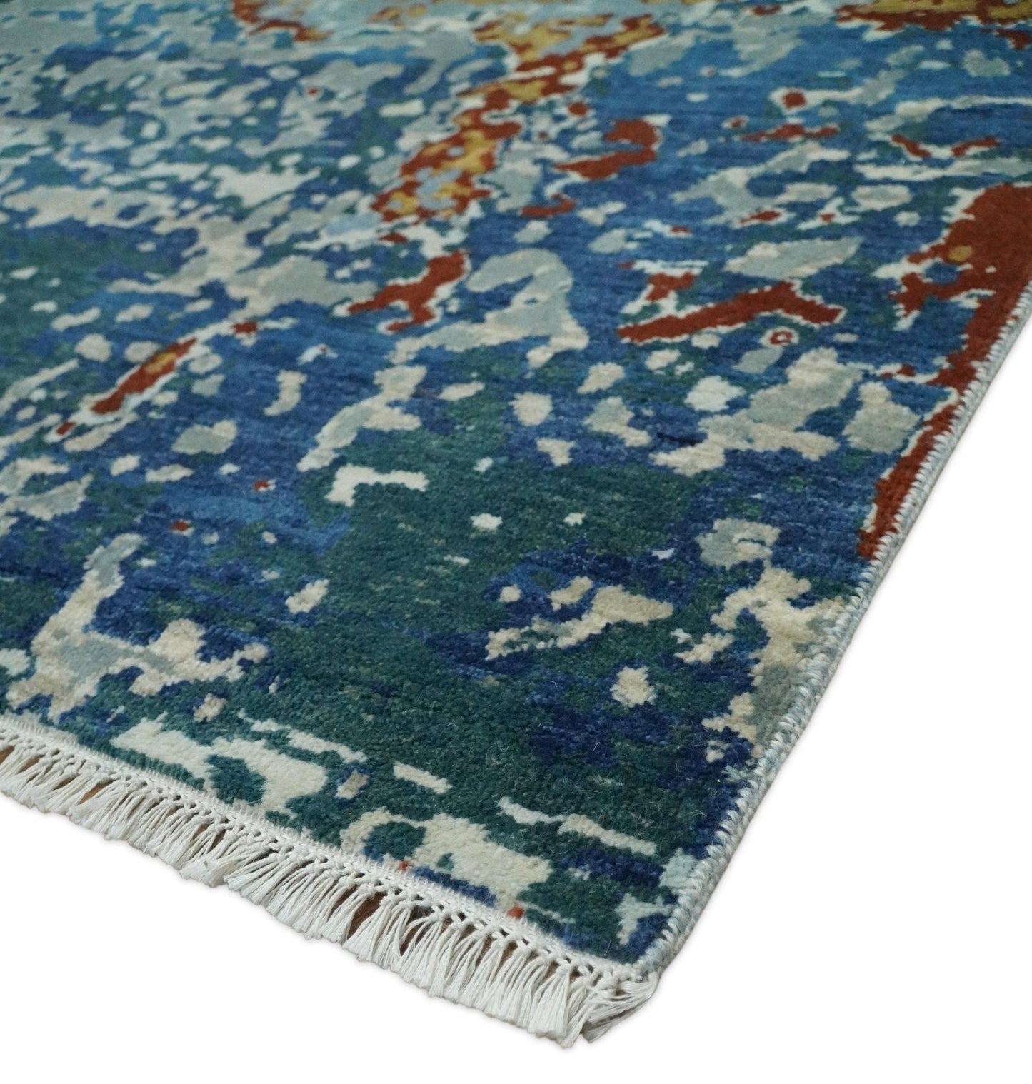 2.6x10 Fine Hand Knotted Blue Modern Abstract Wool and Silk Runner Area Rug | AGR12 - Nuvé
