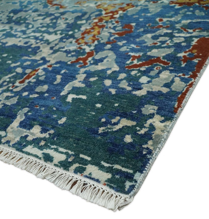 2.6x10 Fine Hand Knotted Blue Modern Abstract Wool and Silk Runner Area Rug | AGR12 - Nuvé