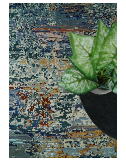2.6x10 Fine Hand Knotted Blue Modern Abstract Wool and Silk Runner Area Rug | AGR12 - Nuvé