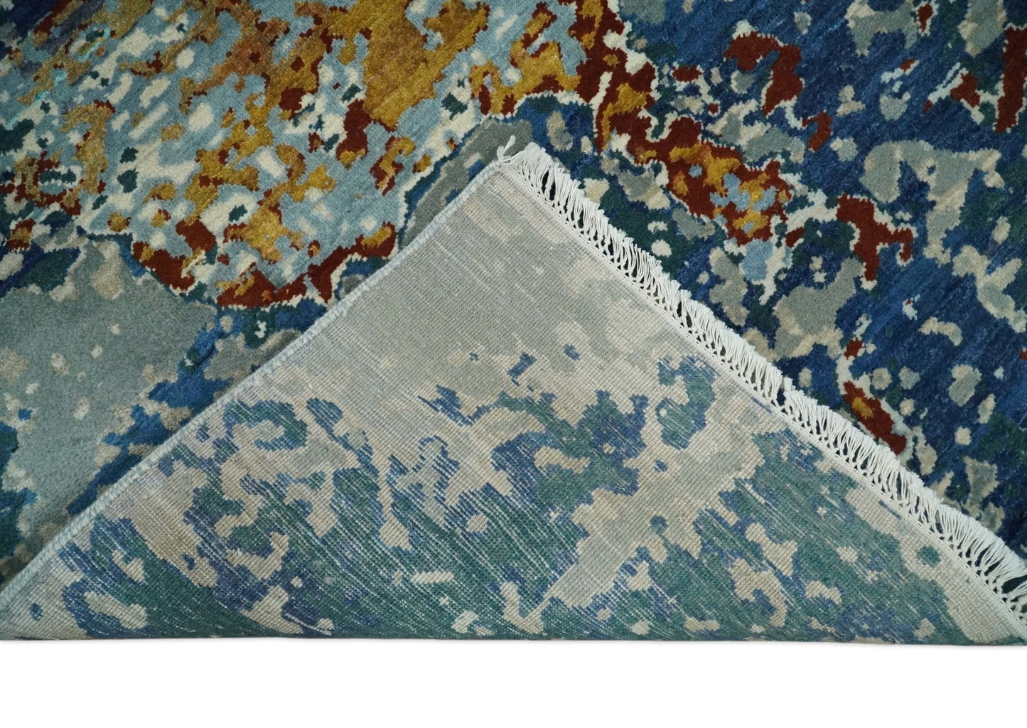 2.6x10 Fine Hand Knotted Blue Modern Abstract Wool and Silk Runner Area Rug | AGR12 - Nuvé