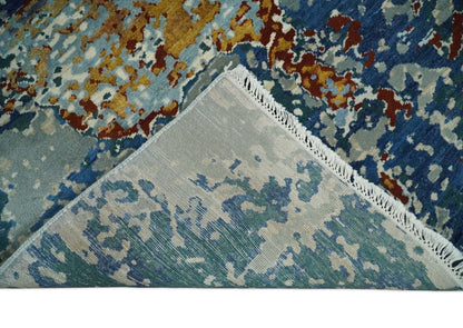 2.6x10 Fine Hand Knotted Blue Modern Abstract Wool and Silk Runner Area Rug | AGR12 - Nuvé