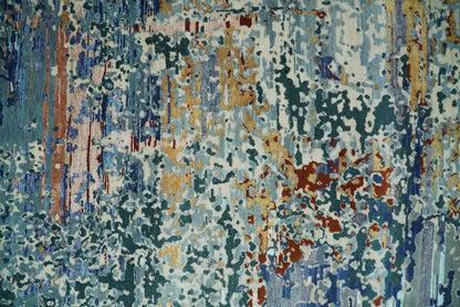 2.6x10 Fine Hand Knotted Blue Modern Abstract Wool and Silk Runner Area Rug | AGR12 - Nuvé