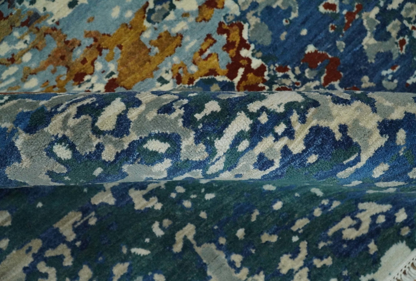 2.6x10 Fine Hand Knotted Blue Modern Abstract Wool and Silk Runner Area Rug | AGR12 - Nuvé