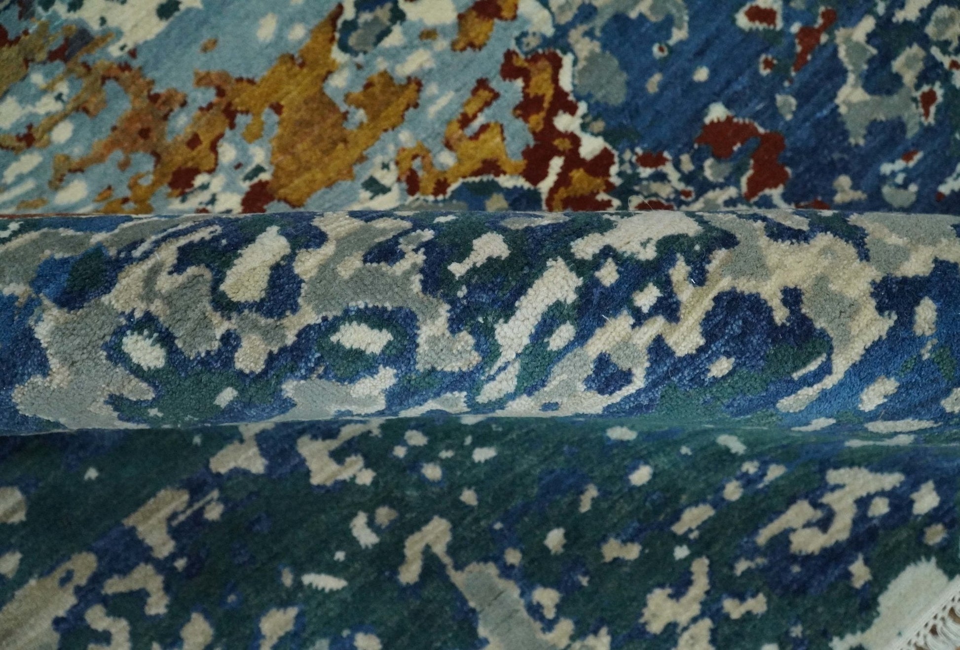 2.6x10 Fine Hand Knotted Blue Modern Abstract Wool and Silk Runner Area Rug | AGR12 - Nuvé