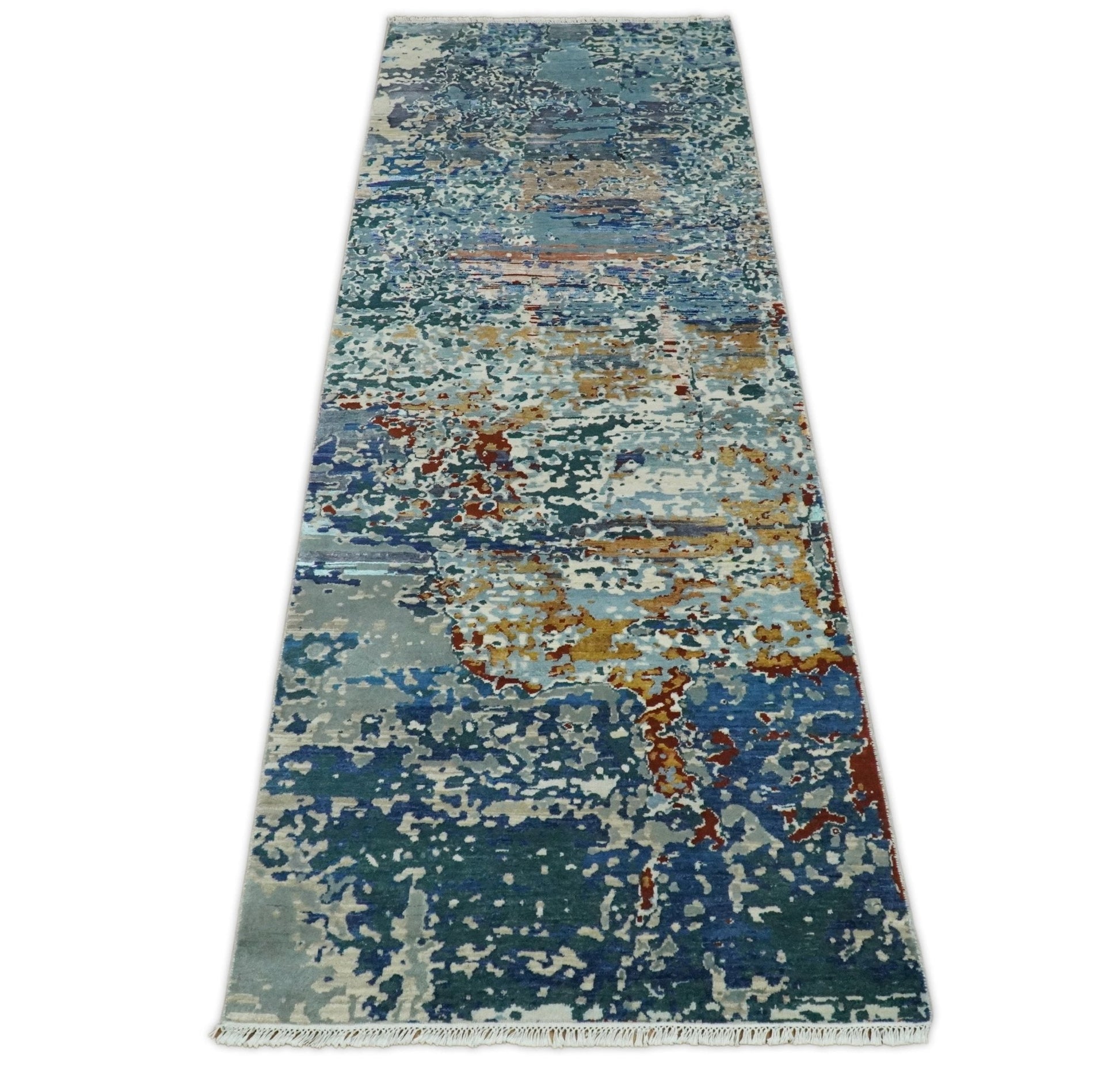 2.6x10 Fine Hand Knotted Blue Modern Abstract Wool and Silk Runner Area Rug | AGR12 - Nuvé