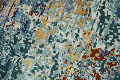 2.6x10 Fine Hand Knotted Blue Modern Abstract Wool and Silk Runner Area Rug | AGR12 - Nuvé