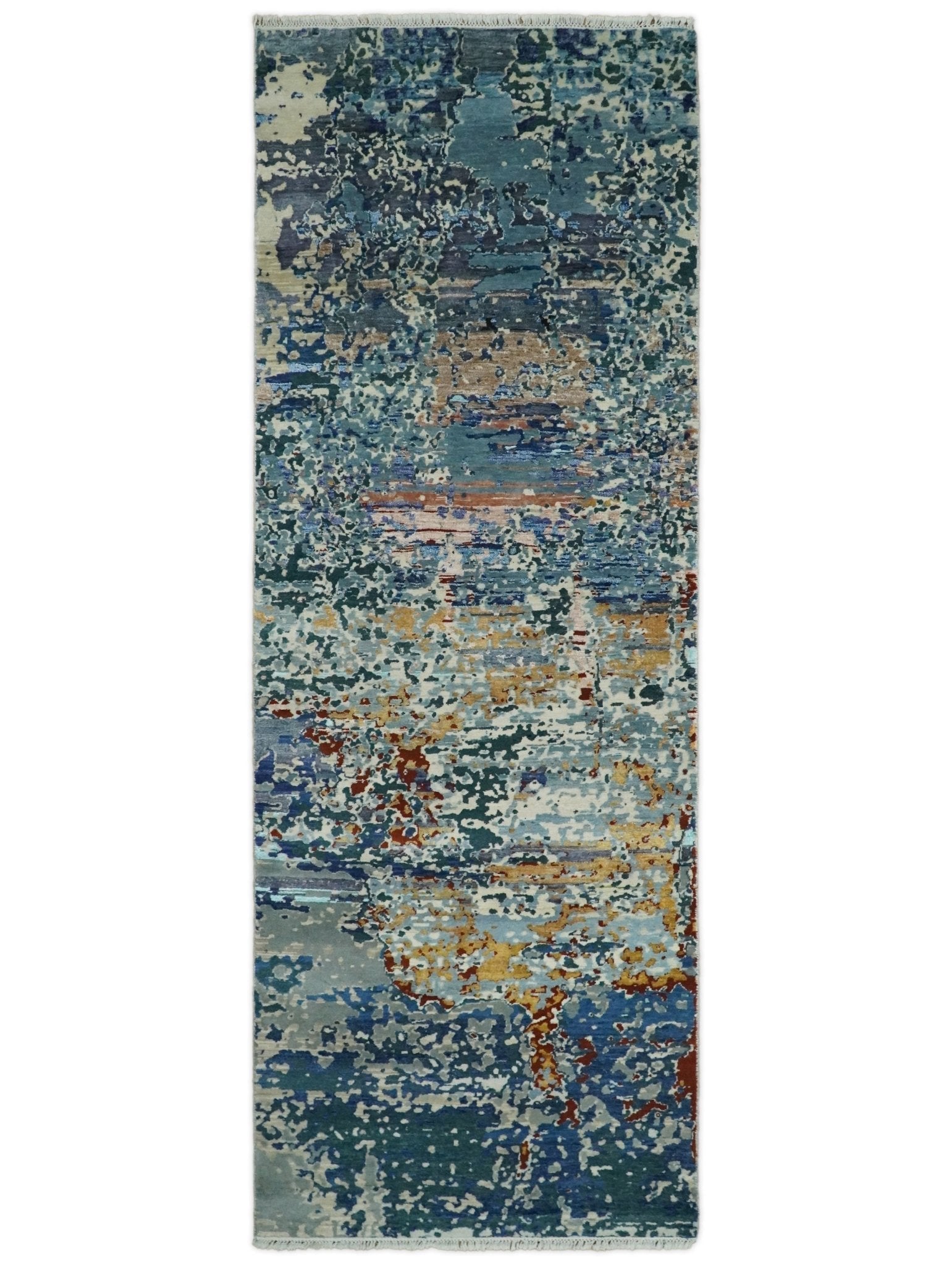 2.6x10 Fine Hand Knotted Blue Modern Abstract Wool and Silk Runner Area Rug | AGR12 - Nuvé