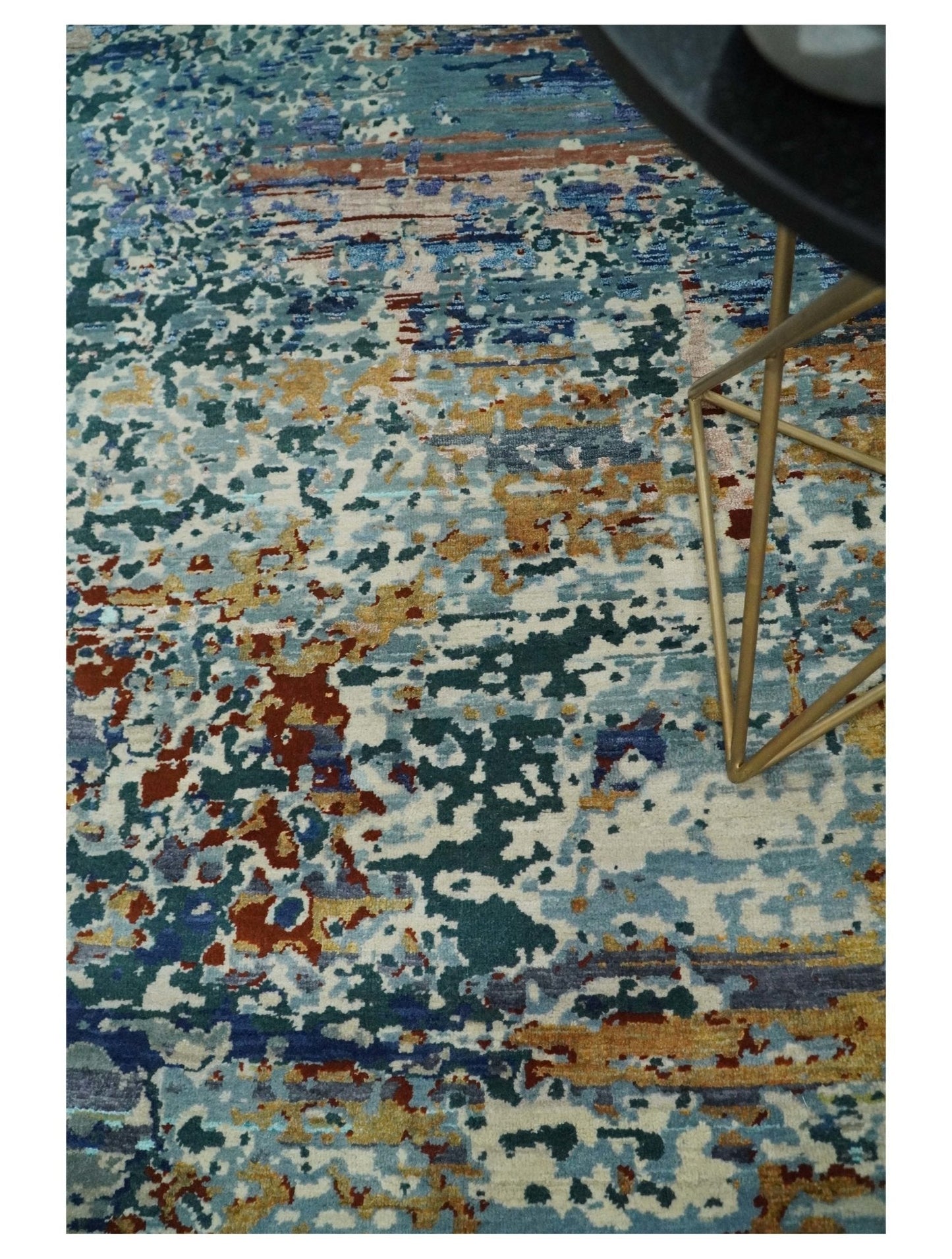2.6x10 Fine Hand Knotted Blue Modern Abstract Wool and Silk Runner Area Rug | AGR12 - Nuvé