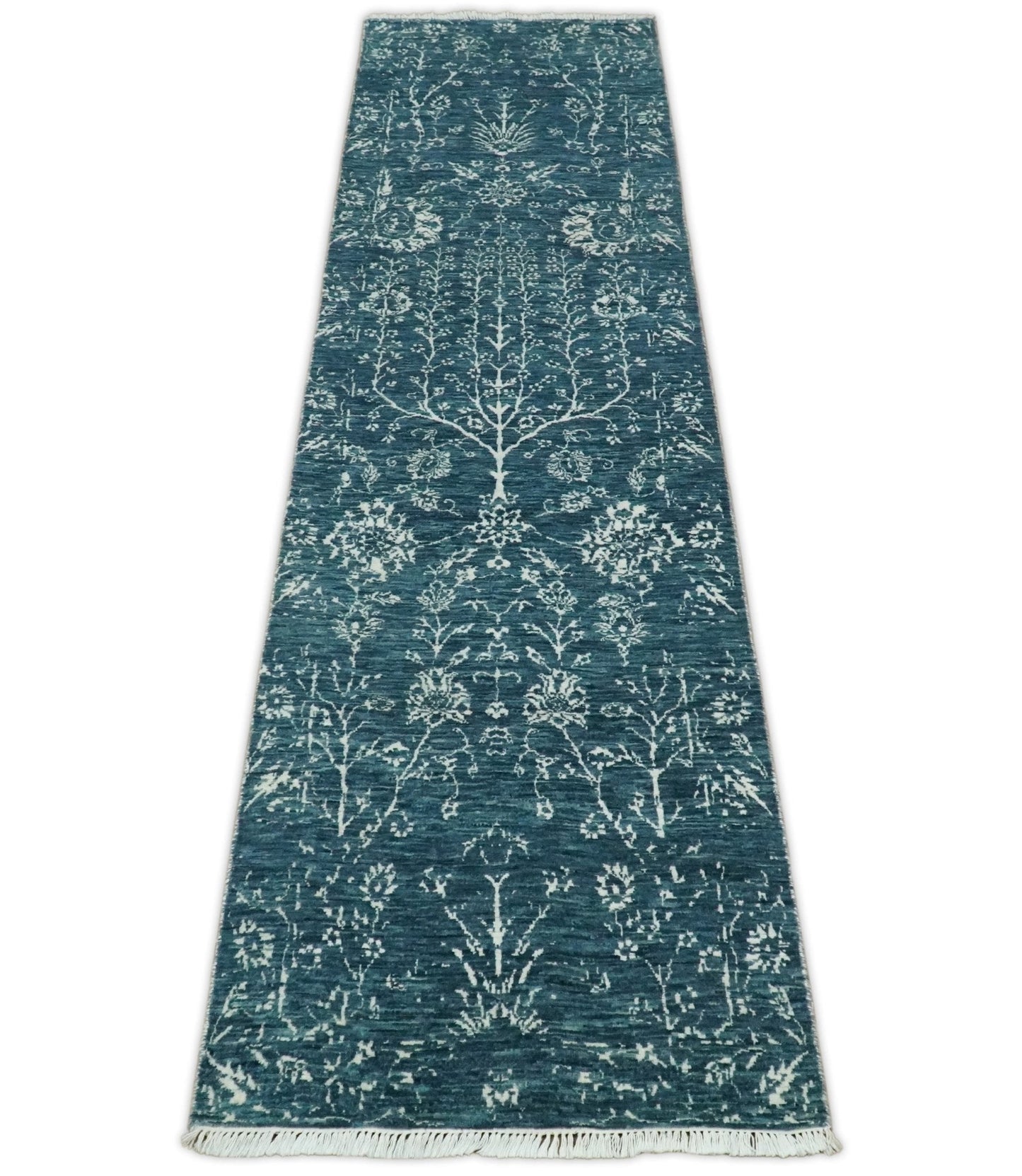 2.6x10 Fine Hand Knotted White and Blue Traditional Vintage Persian Style Antique Wool Rug | AGR23 - Nuvé