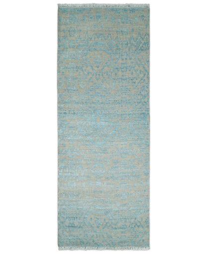 2.6x8 Fine Hand Knotted Camel and Blue Traditional Vintage Persian Style Antique Wool and Silk Rug | AGR26 - Nuvé
