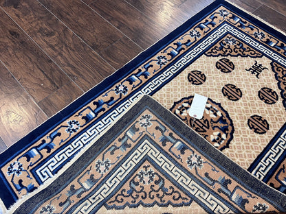 Chinese Peking Rug 3x5, Antique Chinese Art Deco Carpet, Blue Ivory Tan, Hand Knotted Wool Asian Oriental Rug 3 x 5 Vintage Small Peking Rug