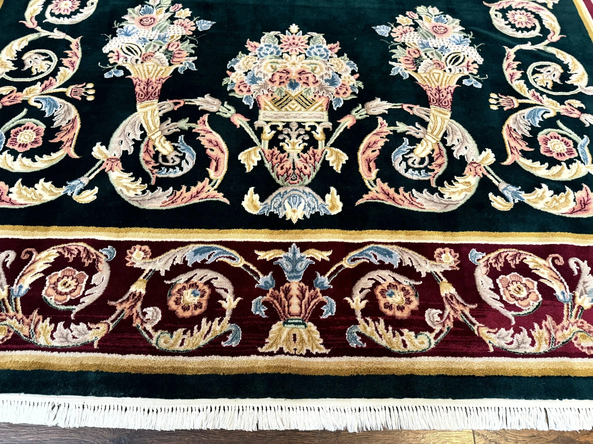 Aubusson Rug 9x12, Dark Green, European Design, Vintage Fine Handmade Carpet, Elegant - Nuvé