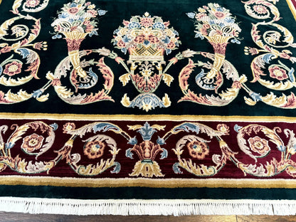 Aubusson Rug 9x12, Dark Green, European Design, Vintage Fine Handmade Carpet, Elegant - Nuvé