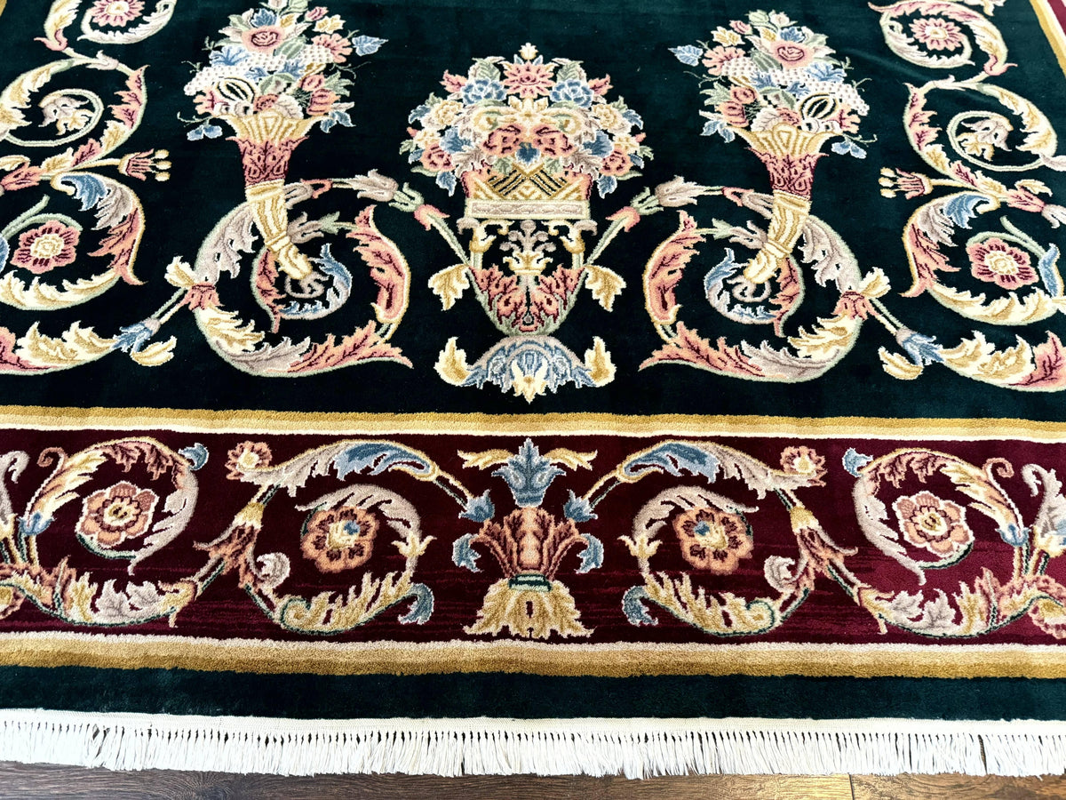 Aubusson Rug 9x12, Dark Green, European Design, Vintage Fine Handmade Carpet, Elegant