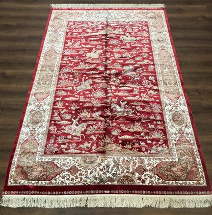 Turkish Silk Hunting Scene Rug 5 x 7.6, Red & Ivory, Bamboo Silk, New - Nuvé