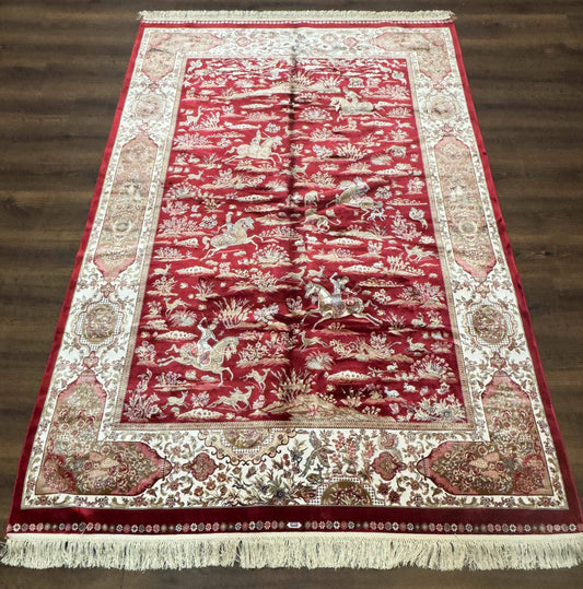 Turkish Silk Hunting Scene Rug 5 x 7.6, Red & Ivory, Bamboo Silk, New - Nuvé