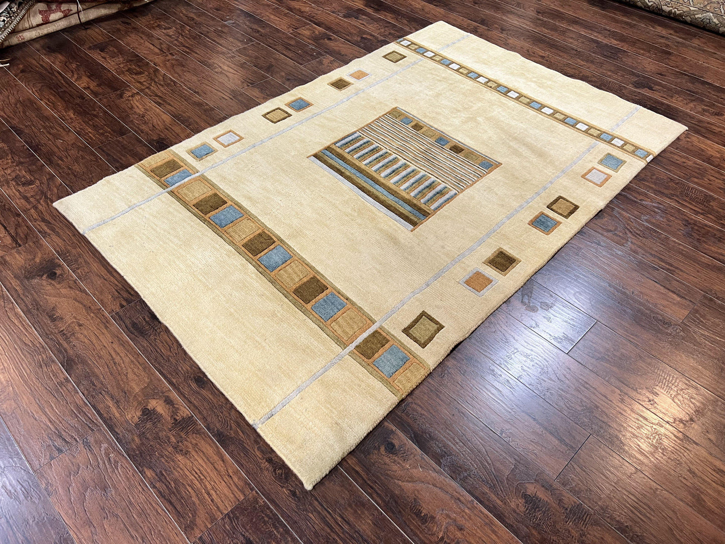 Tibetan Rug 5x8, Contemporary Rug 5 x 8 ft, Cream Brown Blue Hand-Knotted Wool w/ Silk Highlights Tibetan Carpet, Modern Rug - Nuvé