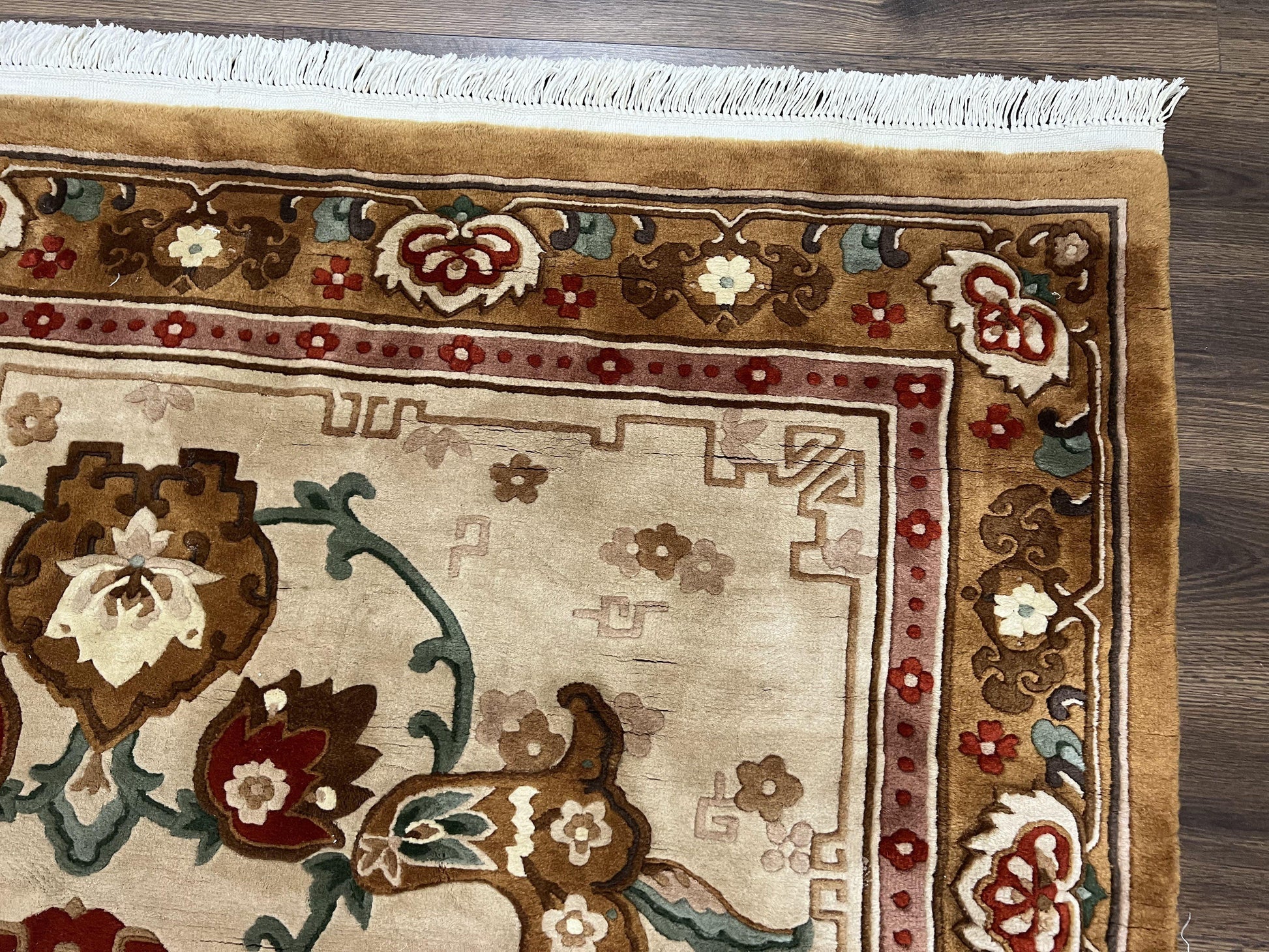 Chinese Wool Rug 5.9 x 9, Tan and Brown Asian Art Deco Carpet, Vintage 1960s Oriental Rug, Hand-Knotted Rug, Soft Wool, Medallion, Pair B - Nuvé