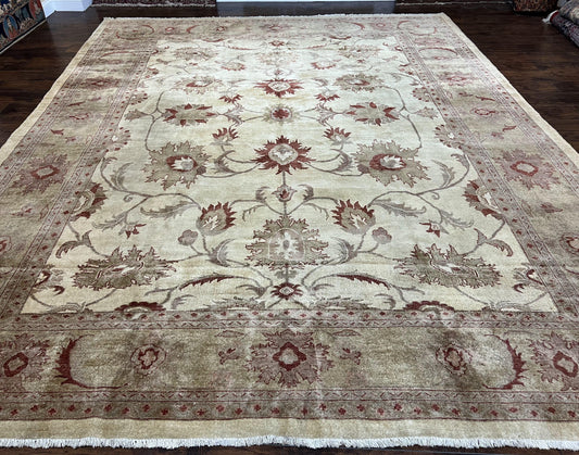 Large Peshawar Rug 11x14, Vintage Beige Chobi Carpet, Allover Floral Design, Hand Knotted, Wool, Room Sized Rug for Living Room Dining Room - Nuvé