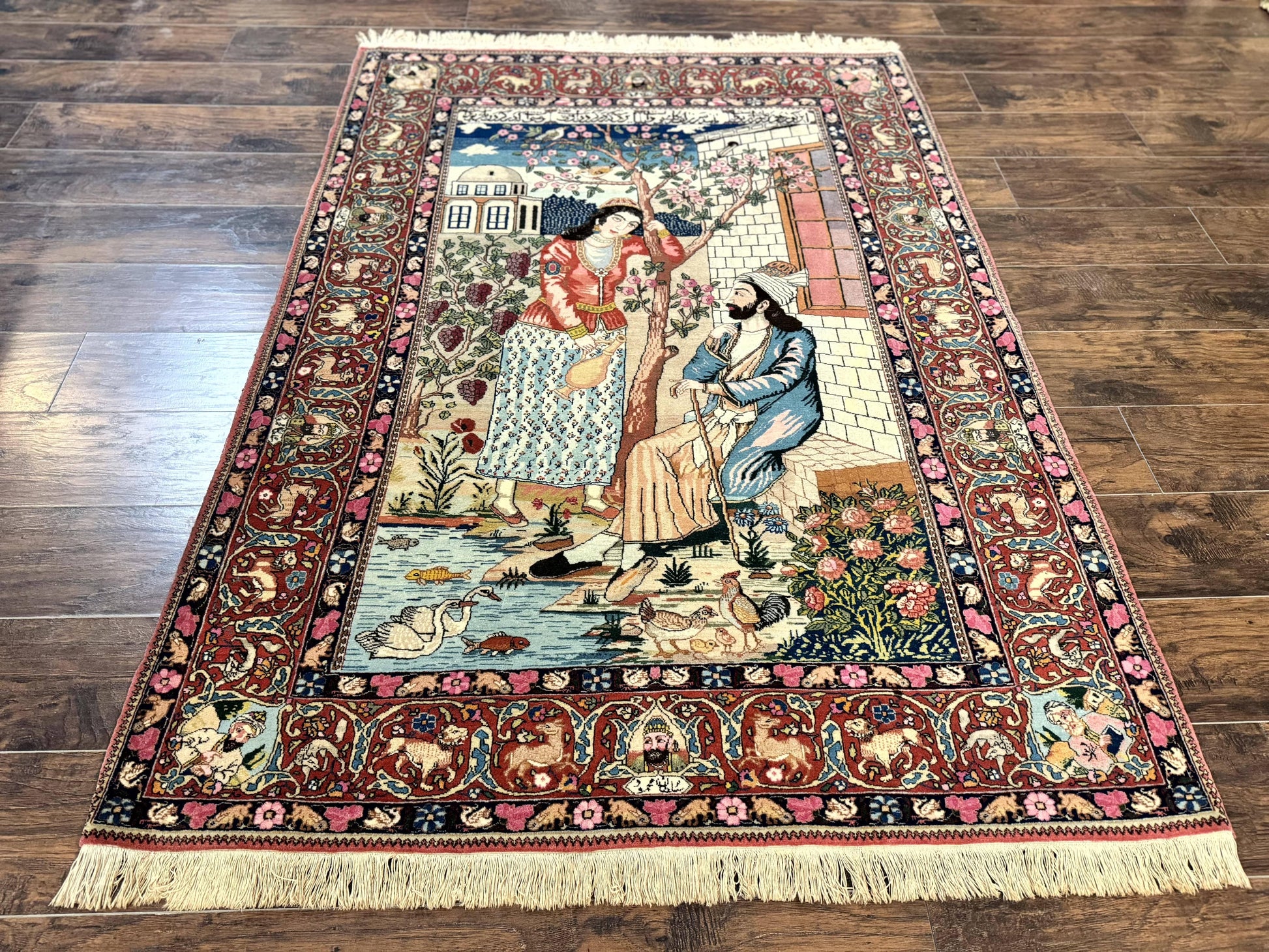 Wonderful Persian Kashan Pictorial Rug 4.7 x 6.5, Persian Rug for Wall Hanging, Handmade Antique Wool Carpet Animal Motifs Poetry Lovers, 240 KPSI - Nuvé