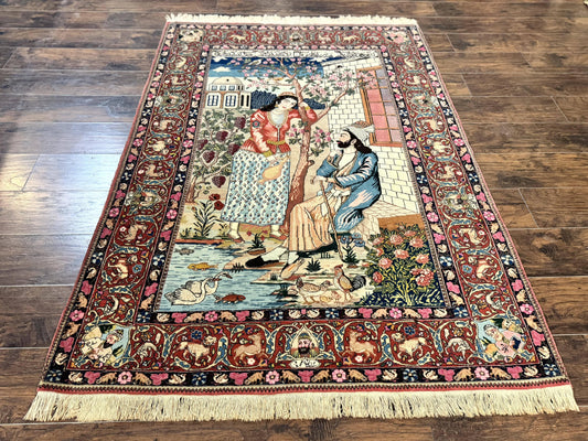 Wonderful Persian Kashan Pictorial Rug 4.7 x 6.5, Persian Rug for Wall Hanging, Handmade Antique Wool Carpet Animal Motifs Poetry Lovers, 240 KPSI - Nuvé