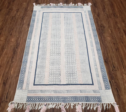 Vintage Moroccan Kilim Area Rug 4x6, Ivory & Blues, Moroccan Wall Hanging, Wool, Handmade, 3'9" x 6' 1", Boho Rug, Flatweave Moroccan Carpet - Nuvé