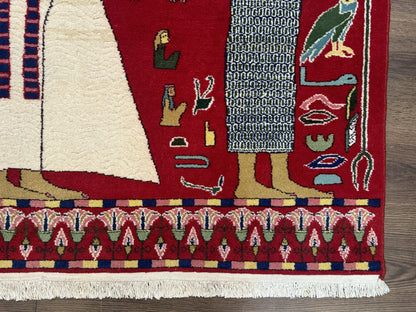 Egyptian Pictorial Rug 3x4, Hieroglyphic Pictorial Rug, Egyptian Prince and Princess, Cleopatra, Vintage Handmade, Red - Nuvé