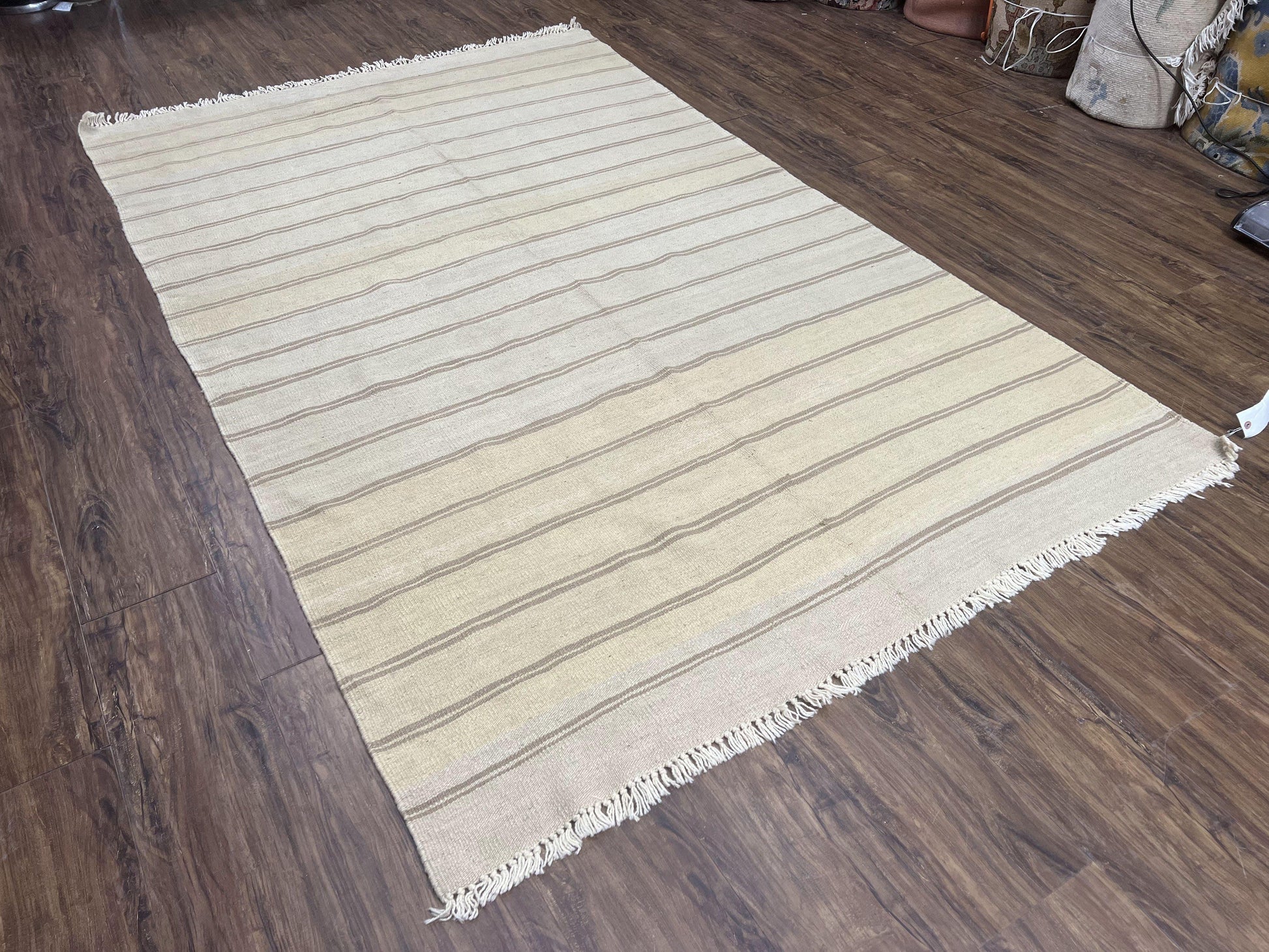 New Turkish Kilim Rug 5x8 Flatweave Carpet, Bohemian Rug, Contemporary Rug, Hand Woven, Wool Area Rug, Gray and Taupe, Striped Pattern - Nuvé