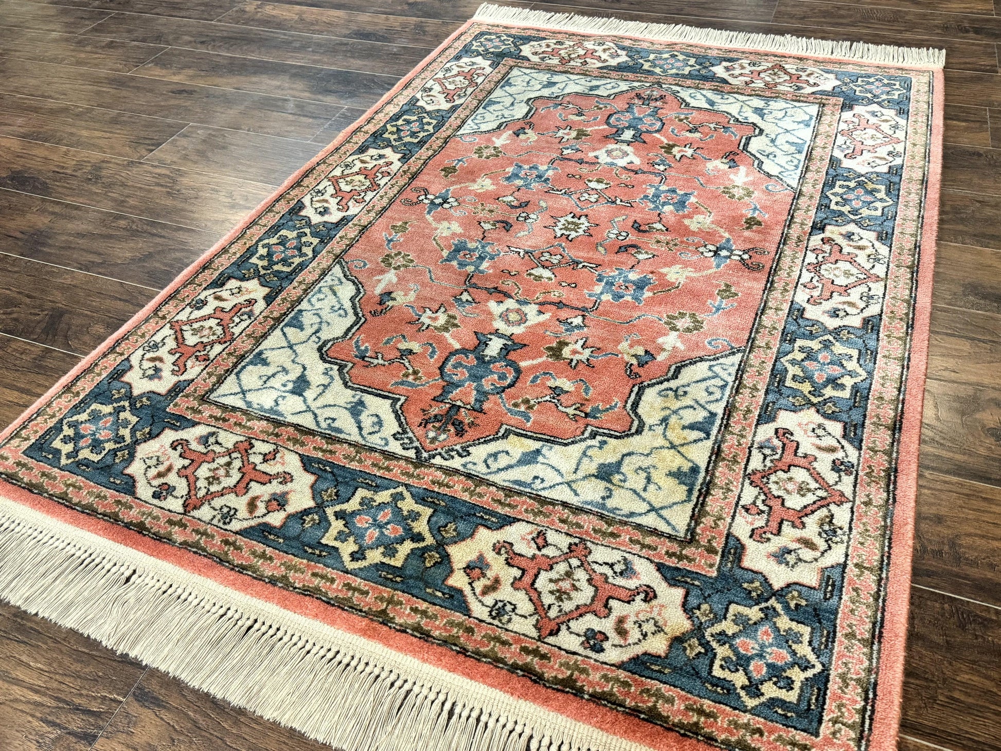 Karastan Rug 4x6 Bergama Design #737, Karastan Area Rug, Vintage Wool Karastan Carpet, Original Collection 700 Series, Salmon Red Light Blue - Nuvé