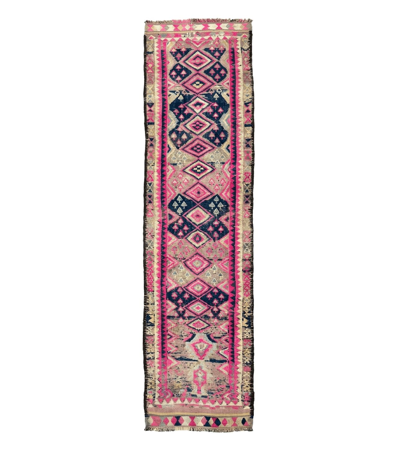 Turkish Runner Rug 3x10, Pink and Navy Blue, Bohemian Runner for Hallway or Kitchen, Vintage, Geometric, Tribal