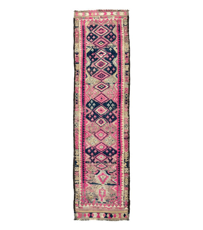 Turkish Runner Rug 3x10, Pink and Navy Blue, Bohemian Runner for Hallway or Kitchen, Vintage, Geometric, Tribal